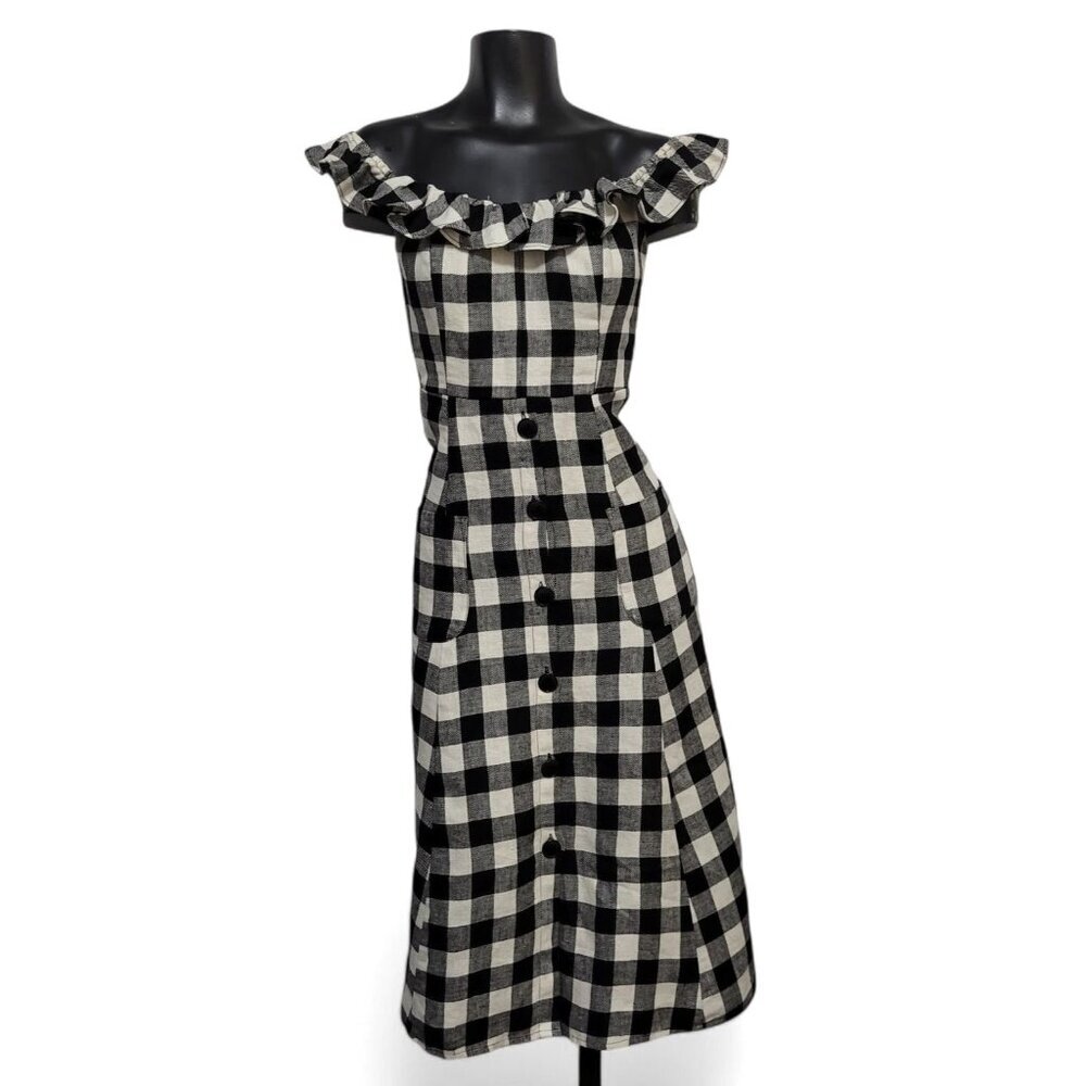 Reformation Black and White Gingham Off-Shoulder Midi Dress